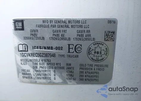 2016 Chevrolet Silverado 1500 1Lt/2Lt из США, поврежденный, VIN 1GCVKREC5GZ387948